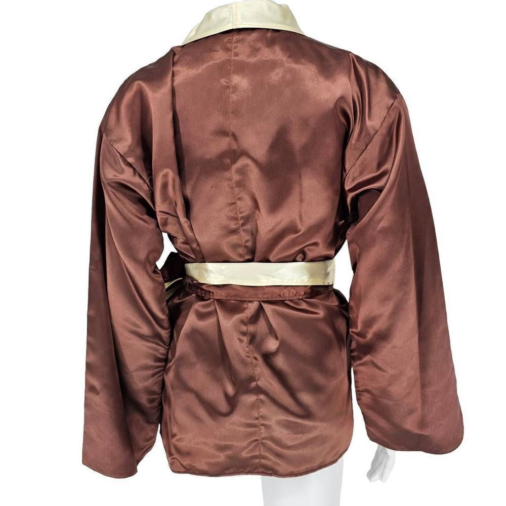 Vintage Satin Robe Blazer Jacket with Belt Brown Cream - Picture 2 of 4